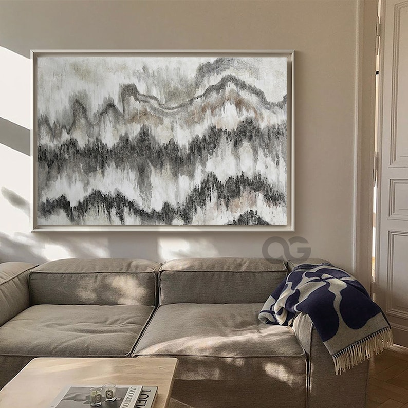Grey Abstract Painting Gray And White Canvas Wall Art Large Etsy
