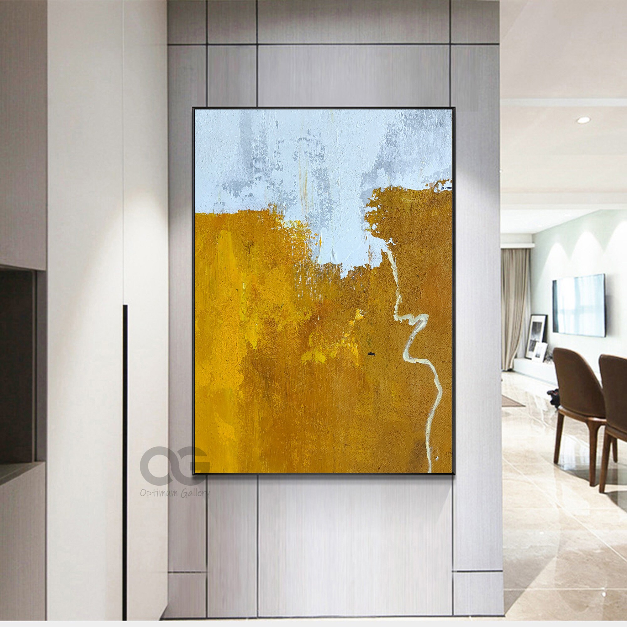 Large Minimalist Abstract Painting Yellow and White Canvas Art Etsy