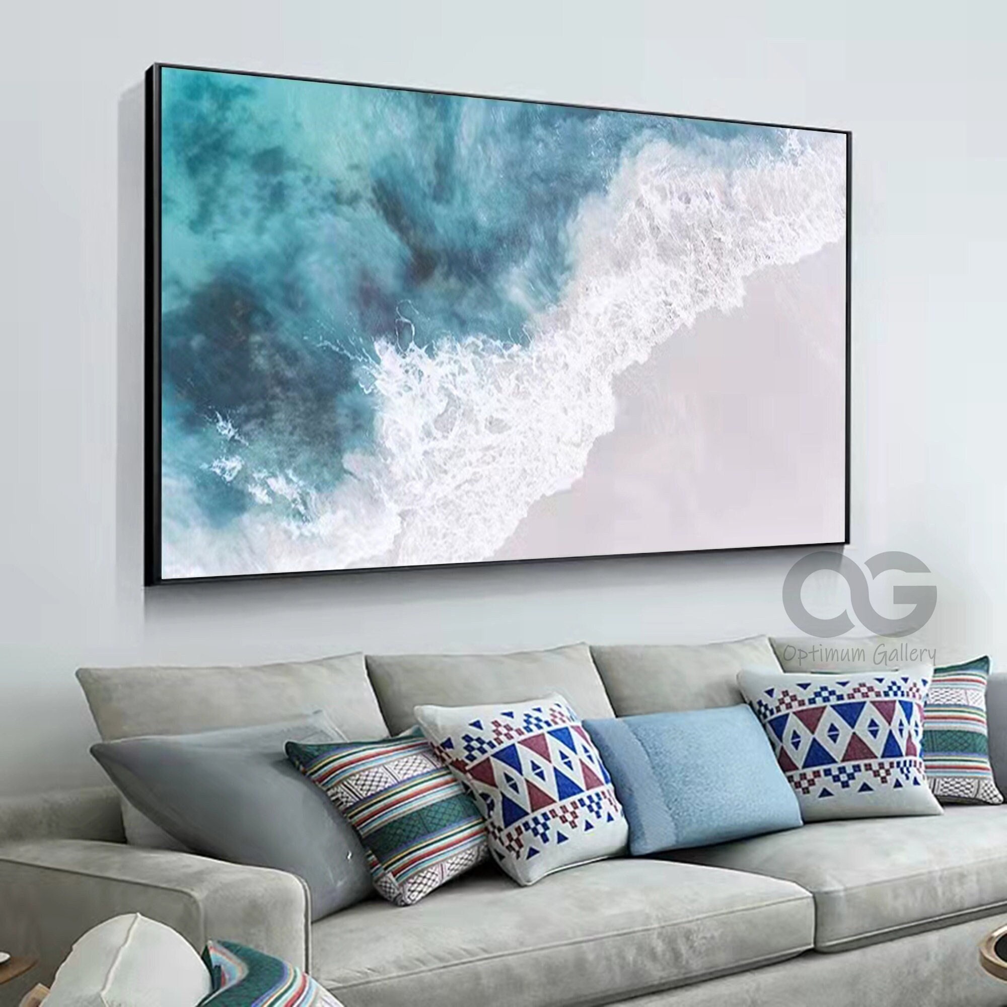 Textured Beach Acrylic Painting： Framed Ocean Canvas Wall Art