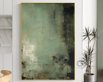 Green Abstract Canvas Art, Textured Wabi-Sabi Boho Painting
