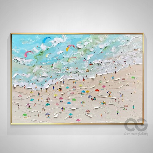 Framed Blue Beach Abstract Painting Summer Sea Wall hotsell Art Large Beach Landscape Painting Textured Surf Wall Art Beach Swimming Art Home Decor