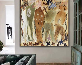 Abstract Oil Painting on Canvas: Beige, Navy Blue, Eclectic Surrealist Wall Art