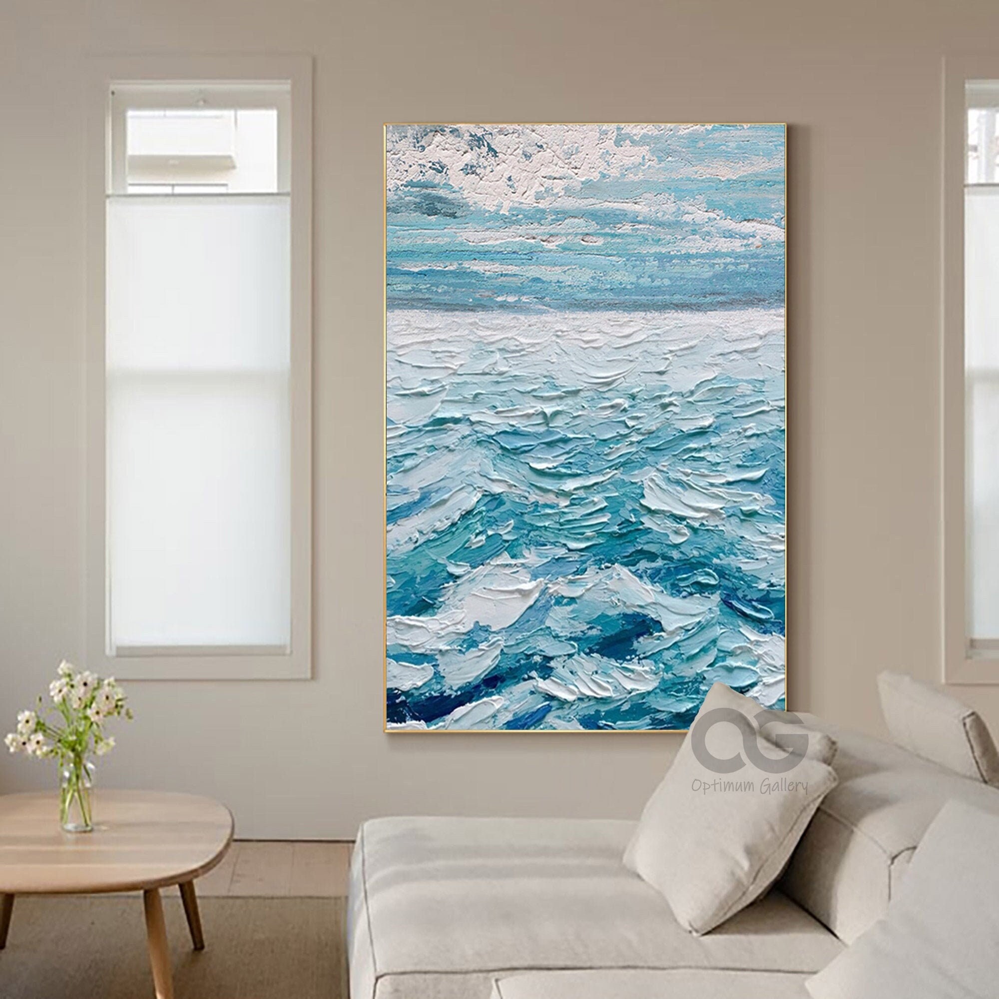 Framed Abstract Ocean Painting Large Ocean Wall Art Textured Etsy Uk