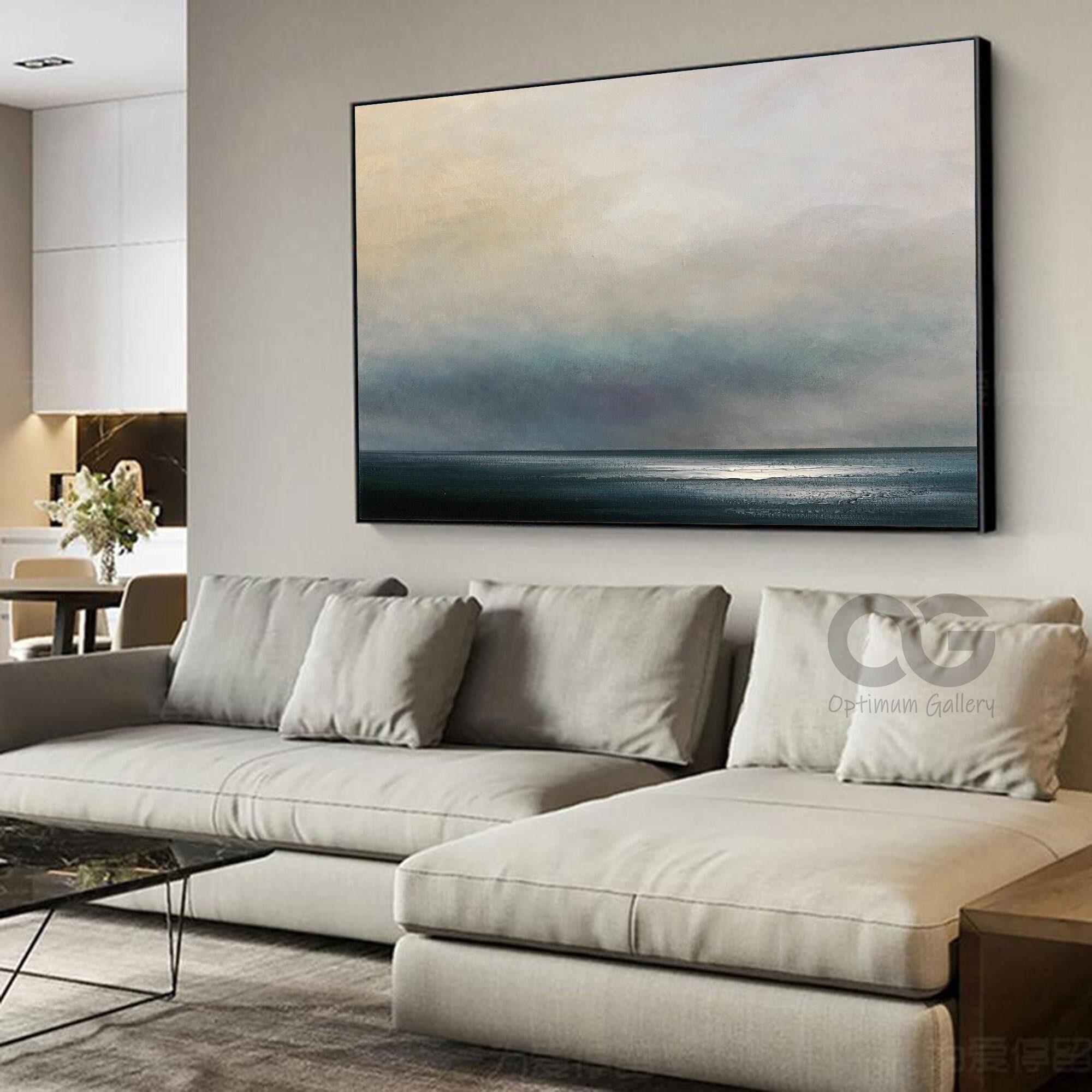 Original Blue Ocean Painting ｜ Abstract, Textured Oil (48x60, Sky Landscape)