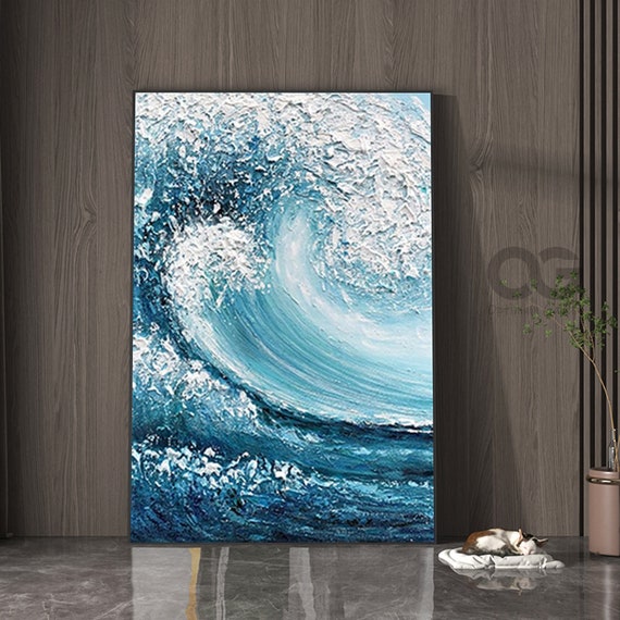 Texture Blue Wave Acrylic Painting Framed Surf Wave Painting - Etsy