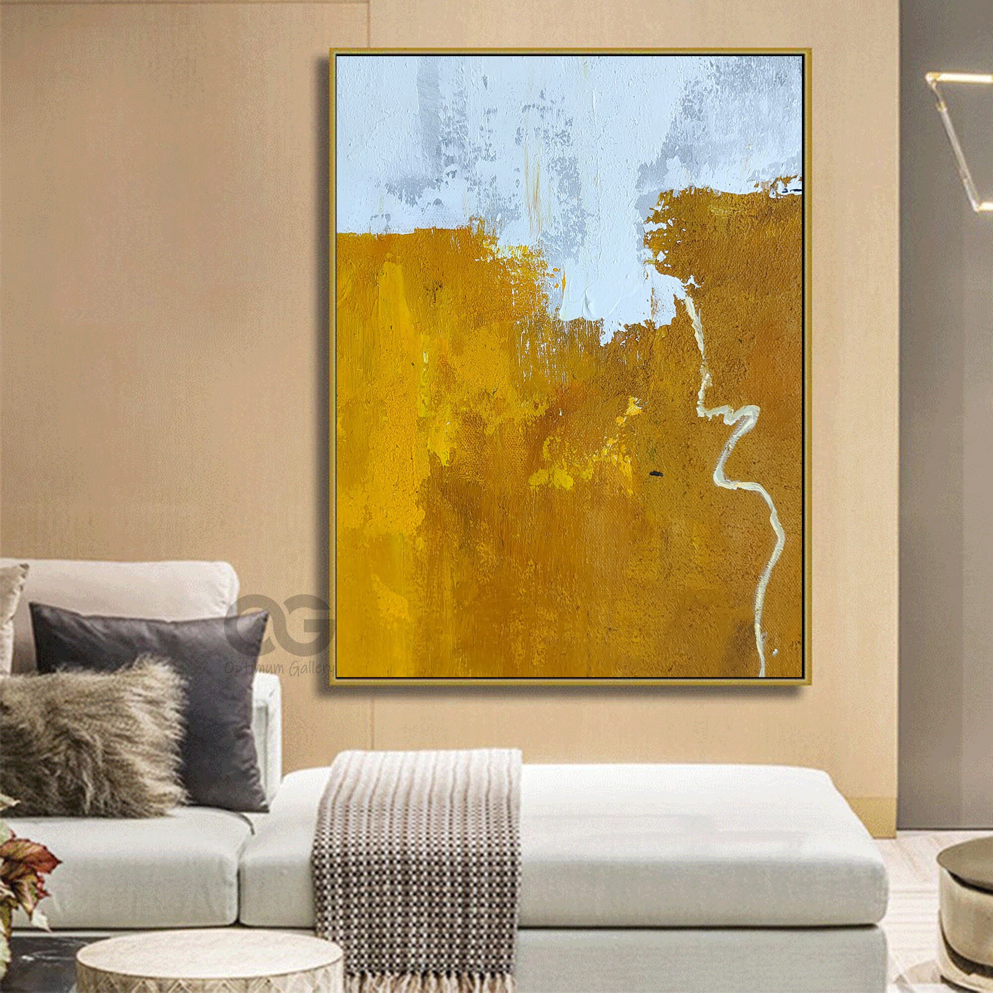 Large Minimalist Abstract Painting Yellow and White Canvas Art Etsy
