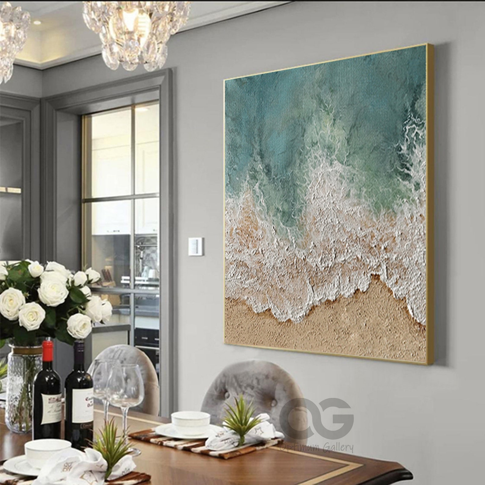 View of Large 3D Textured Coastal Wall Art Framed Green Beach Painting Abstract ...