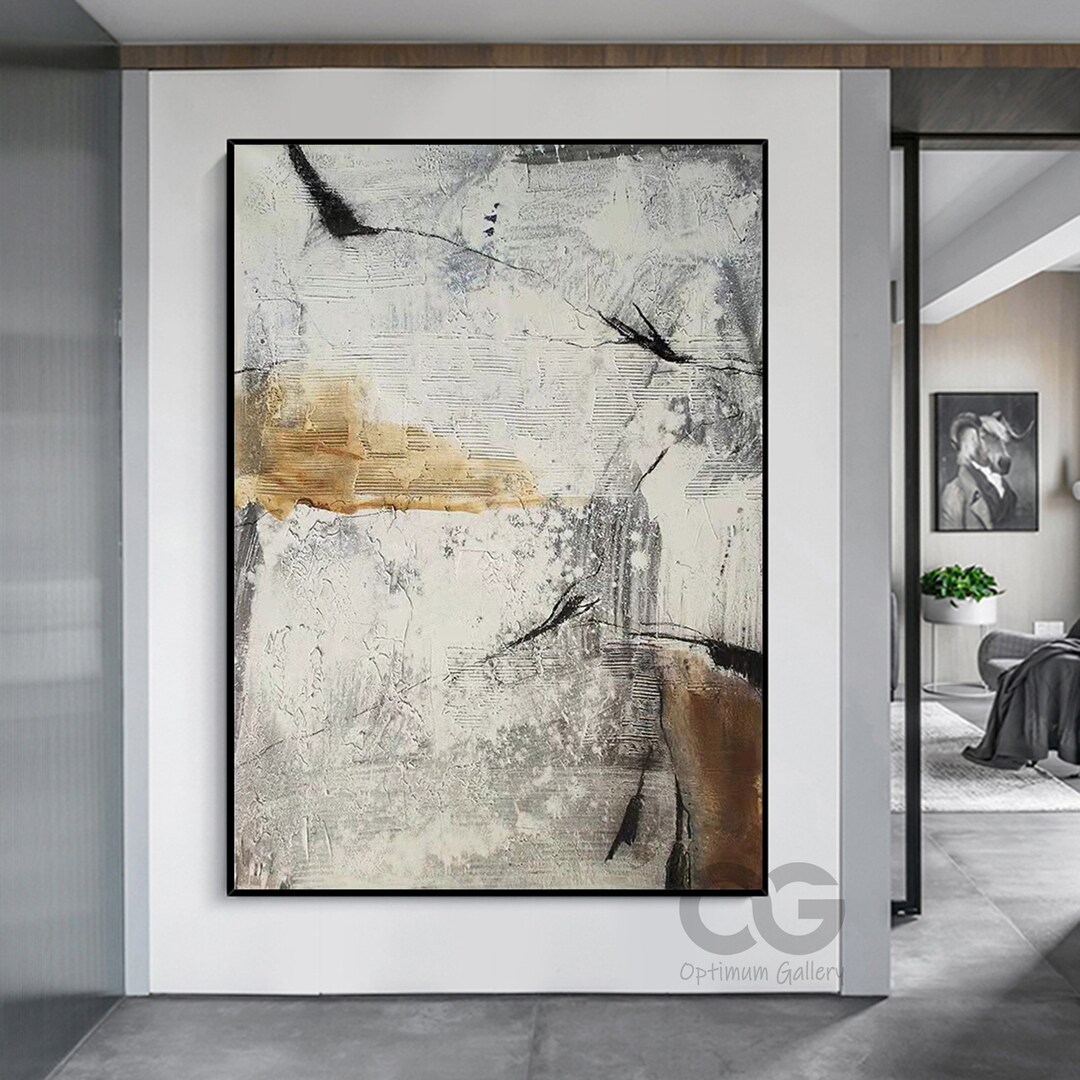 Framed Beige Minimalist Wall Art Large Abstract Grey Painting Acrylic ...