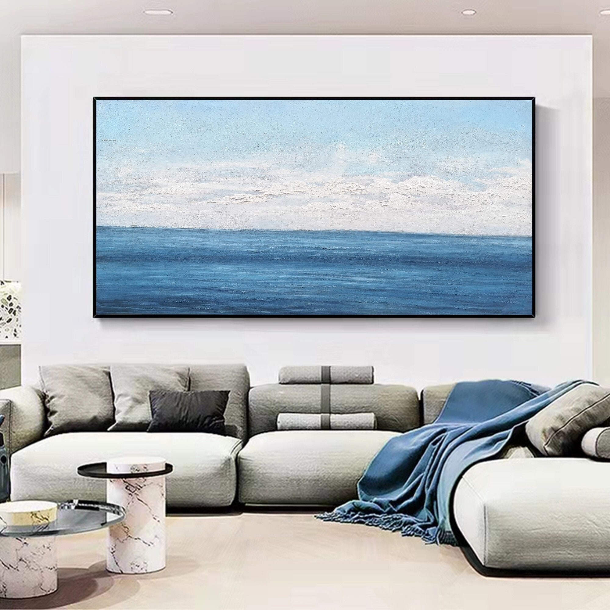 Large Blue Ocean Painting ｜ Acrylic, Calm Sea, Framed (40x50, Oversized)