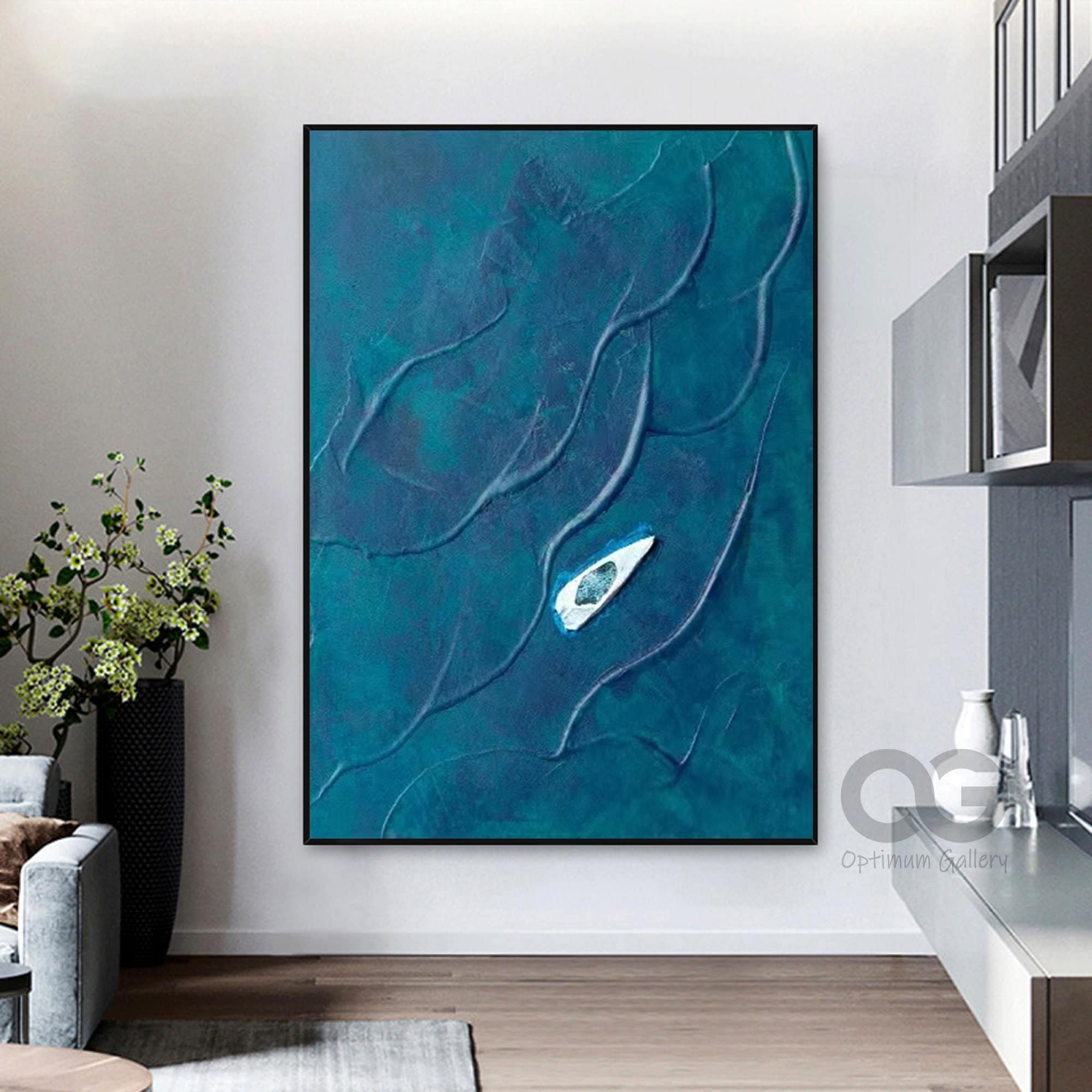 Extra Large Coastal Painting： Navy Blue Textured Ocean Artwork