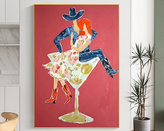 Original Oil Painting, Woman Martini Glass Red Boots, Contemporary Wall Art