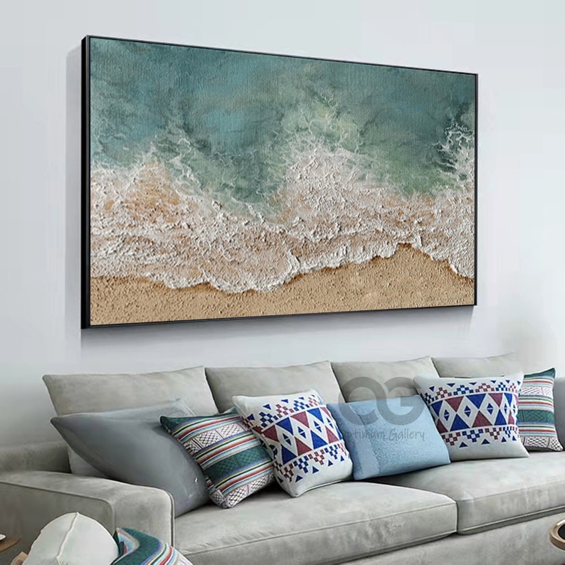 Große 3D-strukturierte Küsten-Wandkunst, gerahmt, grünes Strandgemälde, Meer-Acrylgemälde, abstrakte Ozean-Wandkunst, Strand-Leinwandgemälde, Wanddekoration Bild 2