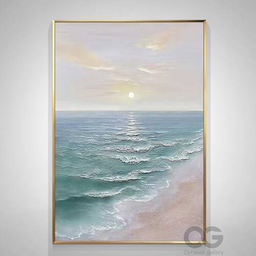 Large Green Coastal Wall Art Ocean Landscape Painting Abstract Beach Sunset Painting Blue Seascape Painting 3D Texture shops Sea Wave Wall Decor