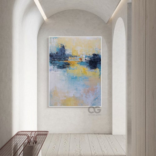 Original Modern Coastal Artwork Abstract Blue-Yellow Ocean Painting Acrylic Seascape Painting shops Abstract Landscape Art On Canvas Home Decor