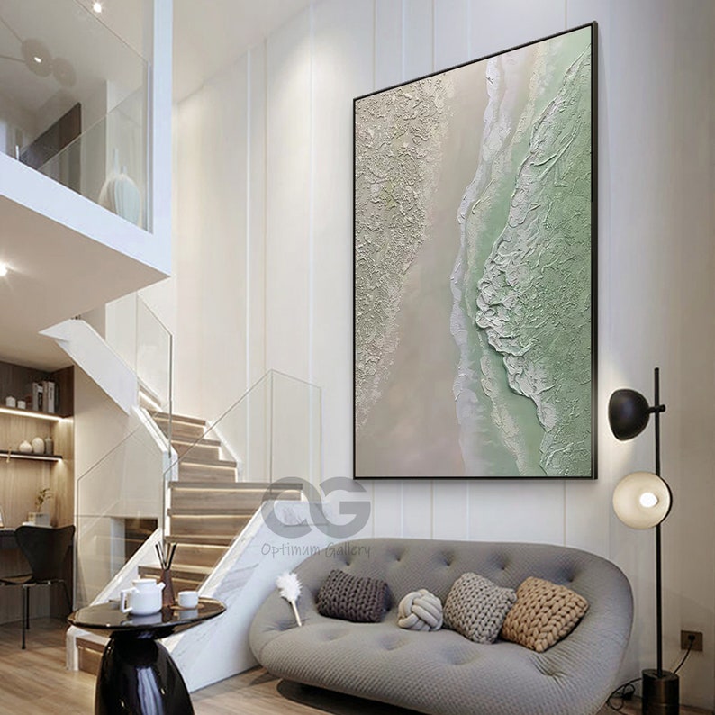 Large Green Coastal Wall Decor Abstract Green Beach Painting Etsy