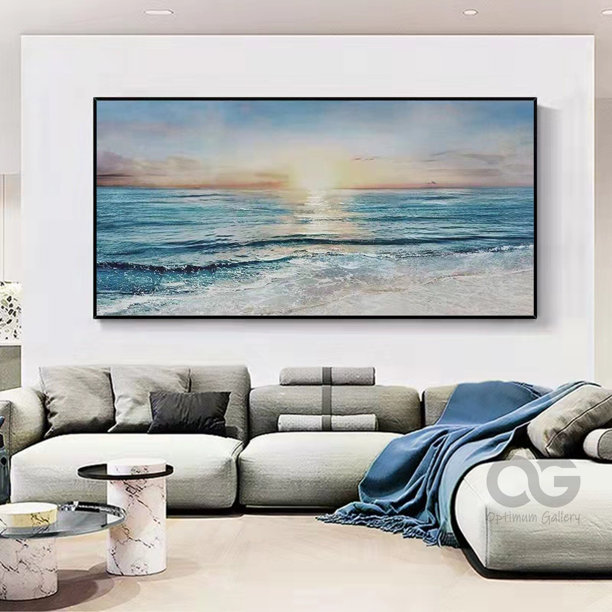 Framed Abstract Ocean Sunset Painting, Large Seascape Canvas Art - Etsy