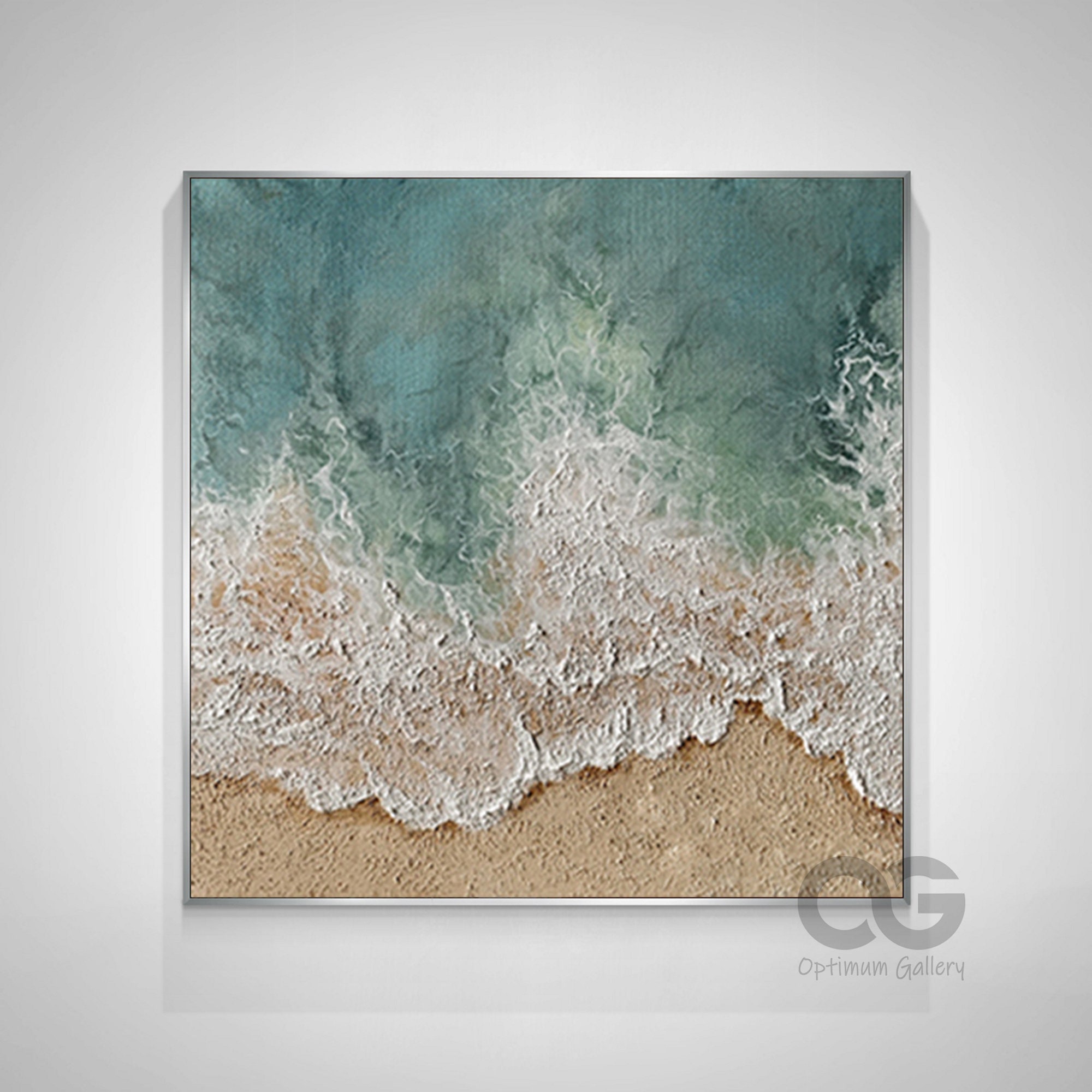 Picture of Large 3D Textured Coastal Wall Art Framed Green Beach Painting Abstract ...