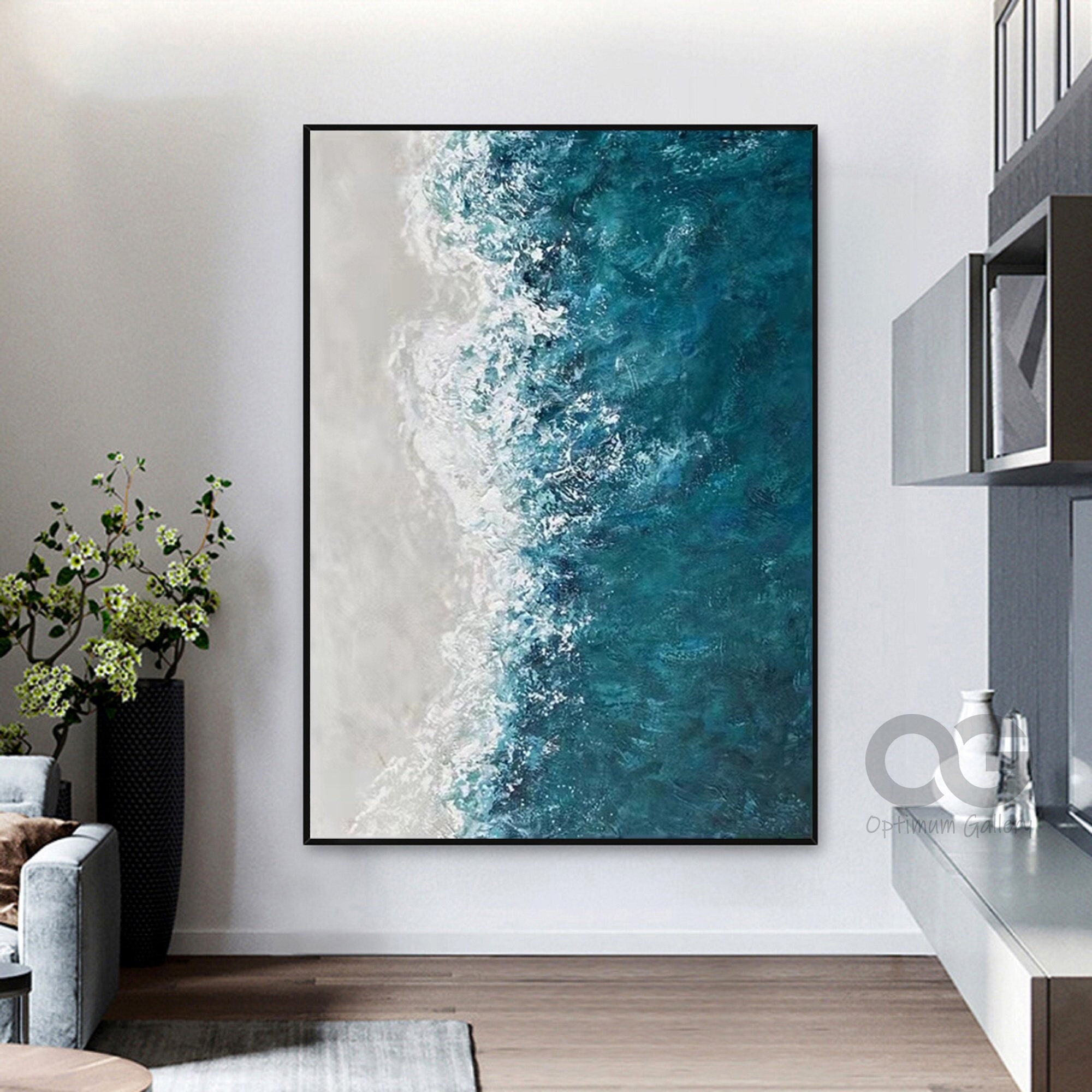 Large Sea Painting on Canvas： Abstract Sunset and Wave Artwork