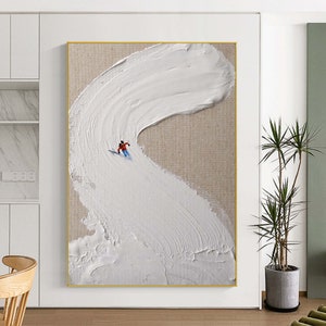 Original Ski Sport Canvas Painting Winter Decor Texture Wall Art Personalized Gift Skier on Snowy Mountain Art White Snow Skiing Art Decor