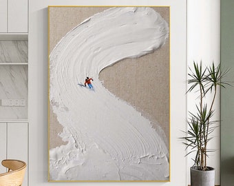 Pintura em tela original para esportes de esqui, decoração de inverno, textura, arte de parede, presente personalizado, esquiador em montanha nevada, arte de esqui na neve branca, decoração
