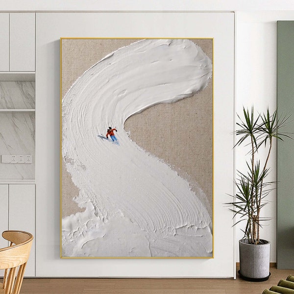 Original Ski Sport Leinwand Gemälde Winter Dekor Textur Wandkunst Personalisierte Geschenk Skier auf verschneiten Berg Kunst weiß Schnee Skilaufen Kunst-Dekor