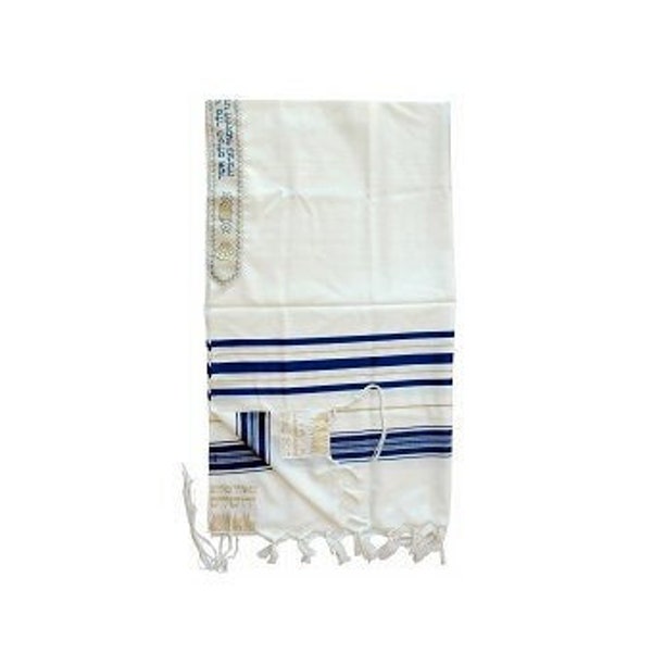 Woll-Tallit für Männer, traditioneller jüdischer Gebetsschal mit blauen und goldenen Streifen, 100 % koscher, hergestellt in Israel. für Bar Mizwa, Judaica-Geschenk