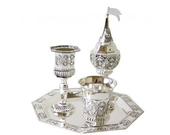 Silver Plated 4-Piece Havdalah Set, Cup, Candle Holder, Spice holder, Tray, Shabbat Judaica, Jewish wedding gift 100% Kosher Made In Israel.