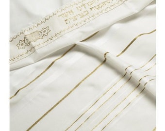 Prayer Shawl For Men,Traditional Jewish Tallit White & Gold Stripes ,100% Kosher! Made In Israel.excellent judaica gift, bar mitzvah,wedding