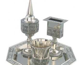 4-Piece Havdalah Set, Cup, Candle Holder, Spice holder, Tray, Shabbat Judaica, Jewish wedding gift 100% Kosher Made In Israel.