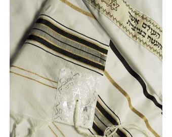 Prayer Shawl For Men,Traditional Jewish Tallit Black& Gold Stripes ,100% Kosher! Made In Israel.excellent judaica gift, bar mitzvah,wedding