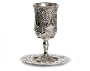 Jerusalem Design Kiddush Cup includes Plate for Shabbat table 100% Kosher Made In Israel .Jewish wine goblet ,Judaica gift,eliyahu cup.