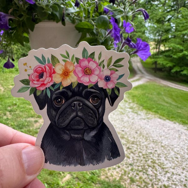 Black Pug Sticker | Floral Pug Vinyl Decal | Waterproof Pug Sticker | Cute Pug Mom Gift