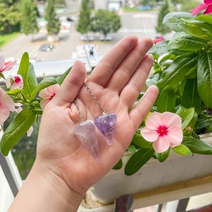 May include: Two amethyst crystal pendulums on silver chains, held in a hand against a background of green plants and pink flowers.