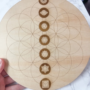 Chakra Flower of Life Wood Grid, Crystal Grid, Wood Crystal Grid Disk, Sacred geometry, Healing Crystal, flower of life, 6&quot;, Grid, Chakra