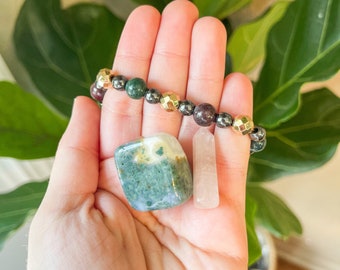 Abundance bundle, abundance bracelet, moss agate cube, rose quartz mini tower, abundance, wealth, crystal healing, summer crystals
