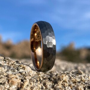 Hammered Tungsten Wedding Band, Hammered Wedding Ring, Mens Wedding Band, 6mm Silver with Rose Gold Band, Male Ring, Unique Wedding Band image 1
