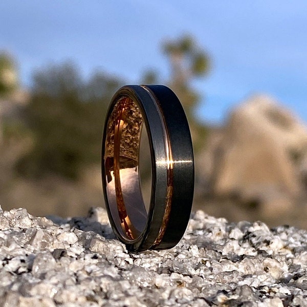 Men's Unique Wedding Band, Black & Silver Brushed Rose Gold Tungsten Ring, Mens Wedding Ring, Men Engagement Ring, Black Tungsten Ring