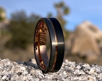 Men's Unique Wedding Band, Black & Silver Brushed Rose Gold Tungsten Ring, Mens Wedding Ring, Men Engagement Ring, Black Tungsten Ring