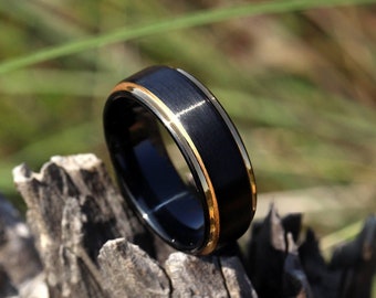 Mens Black Wedding Band, Men's Unique Wedding Band, Black & Gold Brushed Tungsten Ring, Men Engagement Ring, Promise Ring for Him, Male ring