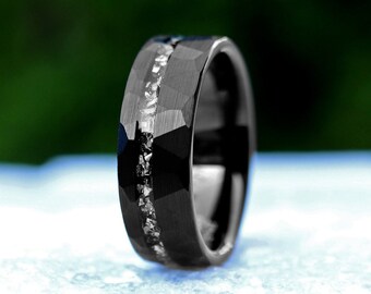 Hammered Black Meteorite Ring, Hammered Black Wedding Ring, Men's Unique wedding Band, Black Meteorite Ring, Hammered Brushed Tungsten Band