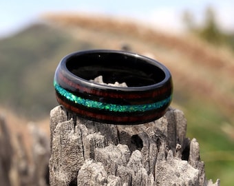 Koa Wood Tungsten Ring, Mens Wedding Band, Green Opal Koa Wood Ring, 8mm Black Tungsten Ring for Men, Unique Wedding Band, Engagement Ring