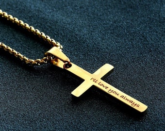Personalized Gold Cross Necklace: Engraved Stainless Steel Pendant