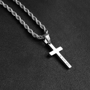 Men&#39;s Cross Necklace, Silver Cross Necklace for Men, Boys Cross Necklace, Cross Pendant Necklace Men, 3mm Rope Chain, Waterproof Necklace
