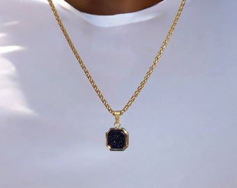 Men's Blue Sandstone Stone Necklace, Gold Stainless Steel Chain, Trendy Gift for Him, Modern Necklace for Boyfriend, Unique Gift for Men