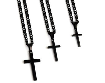 Mens Cross Necklace, Boys Cross Necklace, Black Cross Pendant with Cuban Link Chain, Men Black Cross Necklace, Gift for Son, Men's Necklace