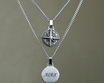 Silver North Star Compass Pendant Necklace, Personalized Gift for Him