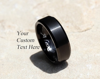 Brushed Black Tungsten Ring, Engraved Mens Wedding Band, 8mm