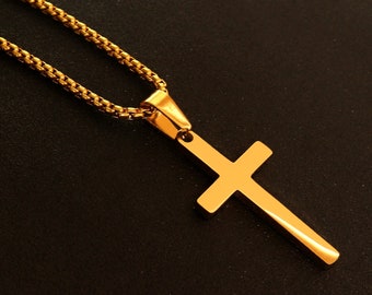 Gold Cross Necklace, Men's Cross Necklace, Boys Cross Necklace, Cross Pendant With Box Chain