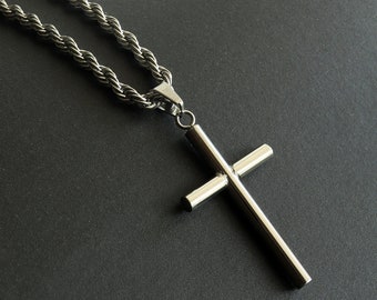 Men's Necklace, Men's Cross Necklace, Silver Cross Necklace for Men, Stainless Steel Cross Pendant with 3mm Rope Chain