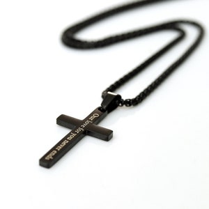 Personalized Black Cross Necklace: Engraved Stainless Steel Pendant, Baptism Gift